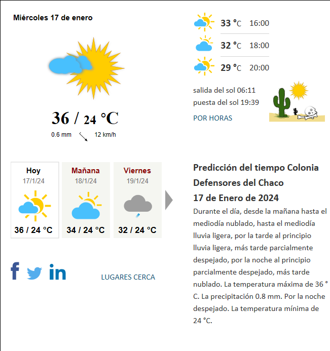 Tiempo Colonia Defensores del Chaco Paraguay Hoy actual